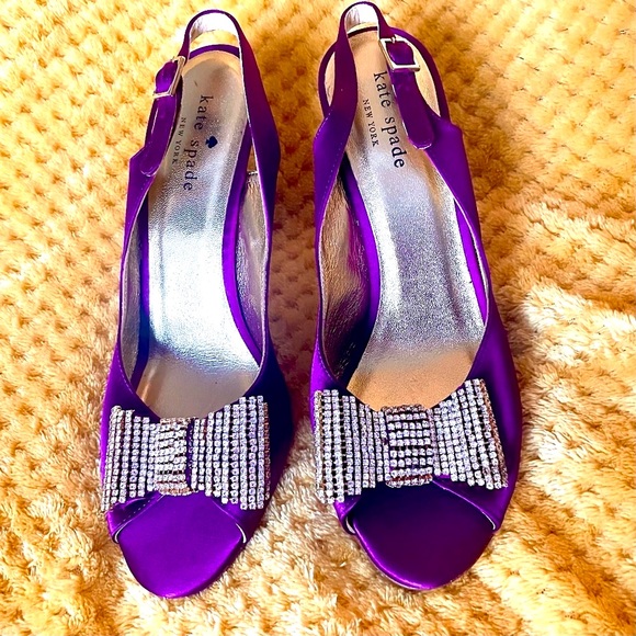 Kate Spade purple satin peep toe high heels w rhinestone bows wmn Sz 7.5 - Picture 8 of 15